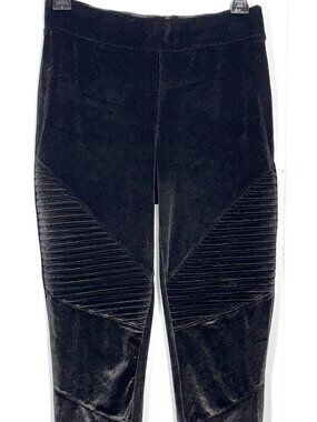 Bebe Black Velvet Velour Moto Zip Pleated Knee Panel Stretch Leggings Pants S